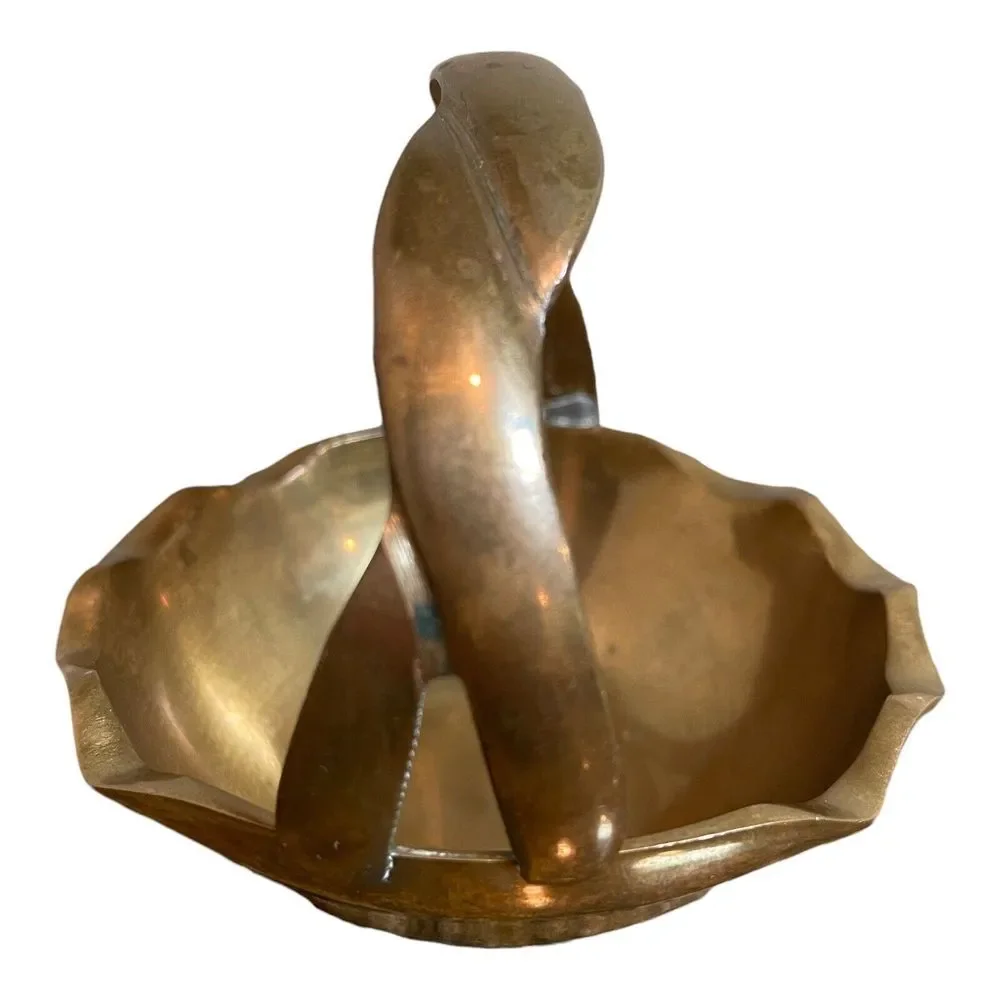 VTG Basket Twist Handle 4 inch Scallop‎ Footed Dish Trinket Solid Yellow Brass